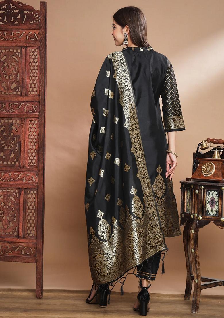 Black Banarasi Woven Self Designed Pure Cotton Salwar Kameez With Dupatta