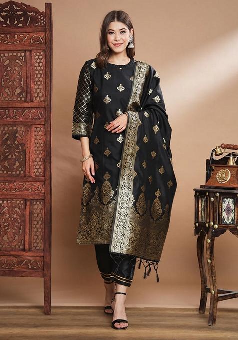Black Jacquard Cotton Straight Kurta Set