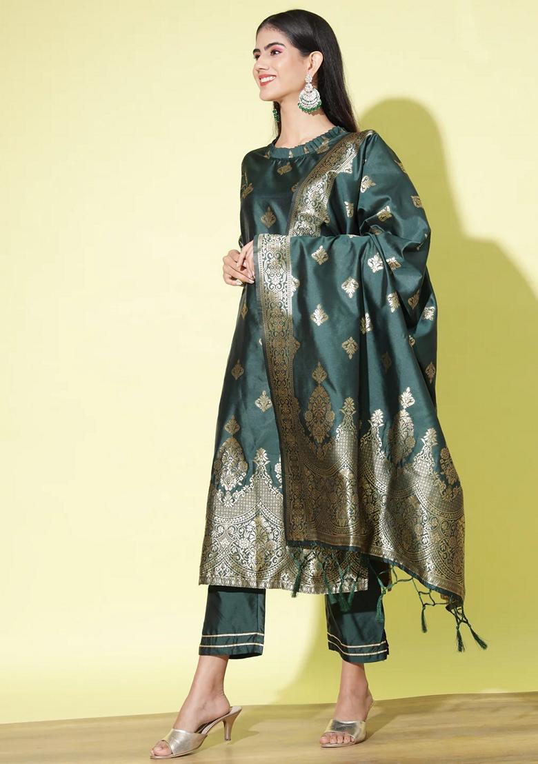 Green Banarasi Woven Self Designed Pure Cotton Salwar Kameez With Dupatta