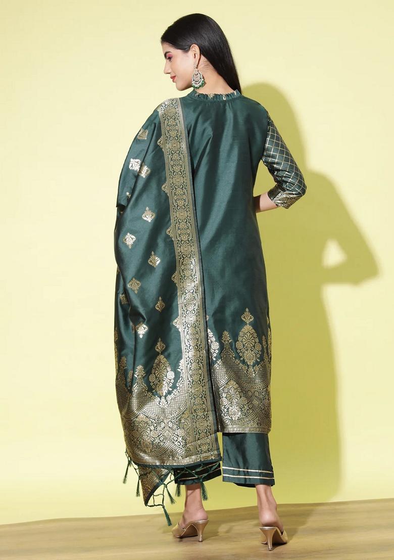 Green Banarasi Woven Self Designed Pure Cotton Salwar Kameez With Dupatta