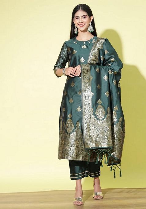 Green Banarasi Woven Self Designed Pure Cotton Salwar Kameez With Dupatta