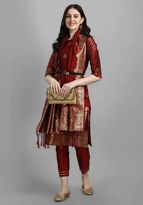 Maroon Banarasi Woven Self Designed Pure Cotton Salwar Kameez With Dupatta