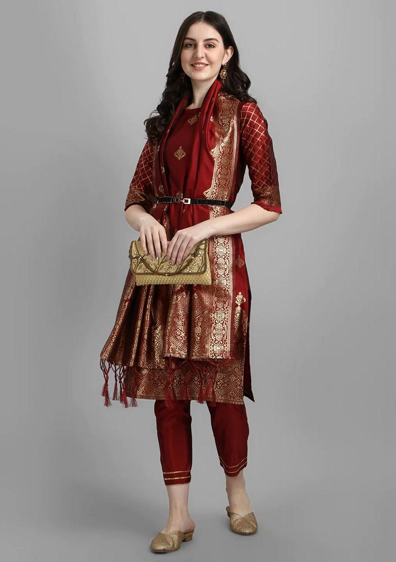 Maroon Banarasi Woven Self Designed Pure Cotton Salwar Kameez With Dupatta