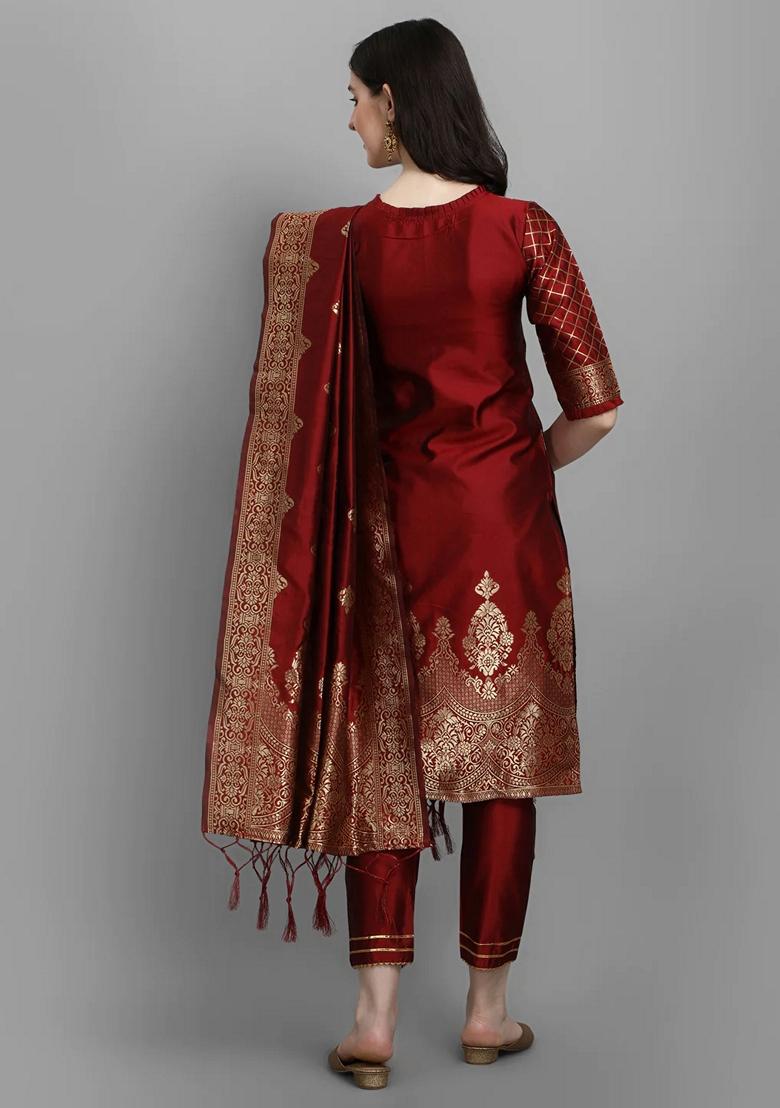 Maroon Banarasi Woven Self Designed Pure Cotton Salwar Kameez With Dupatta