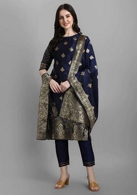 Blue Banarasi Woven Self Designed Pure Cotton Salwar Kameez With Dupatta