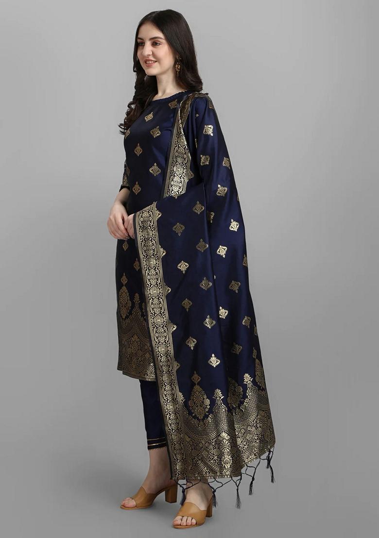 Blue Banarasi Woven Self Designed Pure Cotton Salwar Kameez With Dupatta