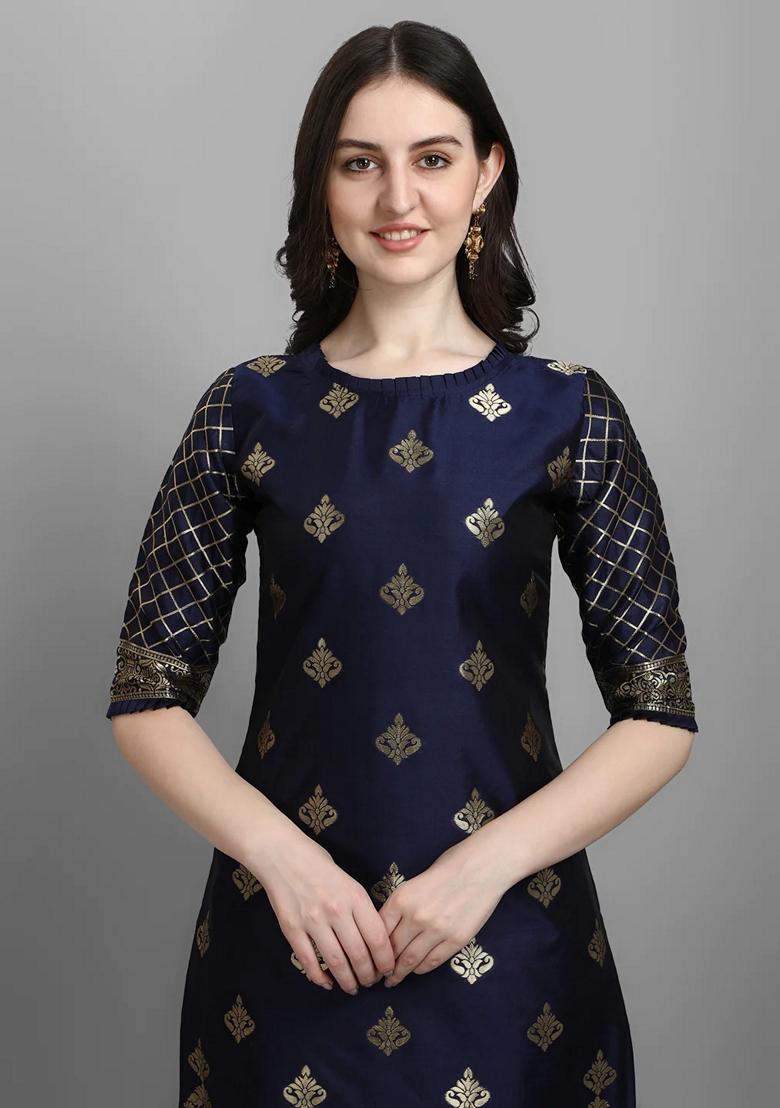 Blue Banarasi Woven Self Designed Pure Cotton Salwar Kameez With Dupatta