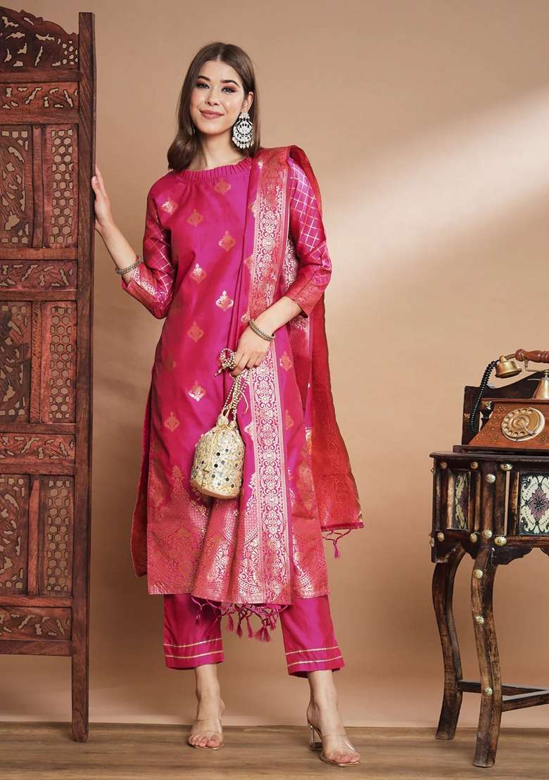 Pink Jacquard Cotton Straight Kurta Set - Indya
