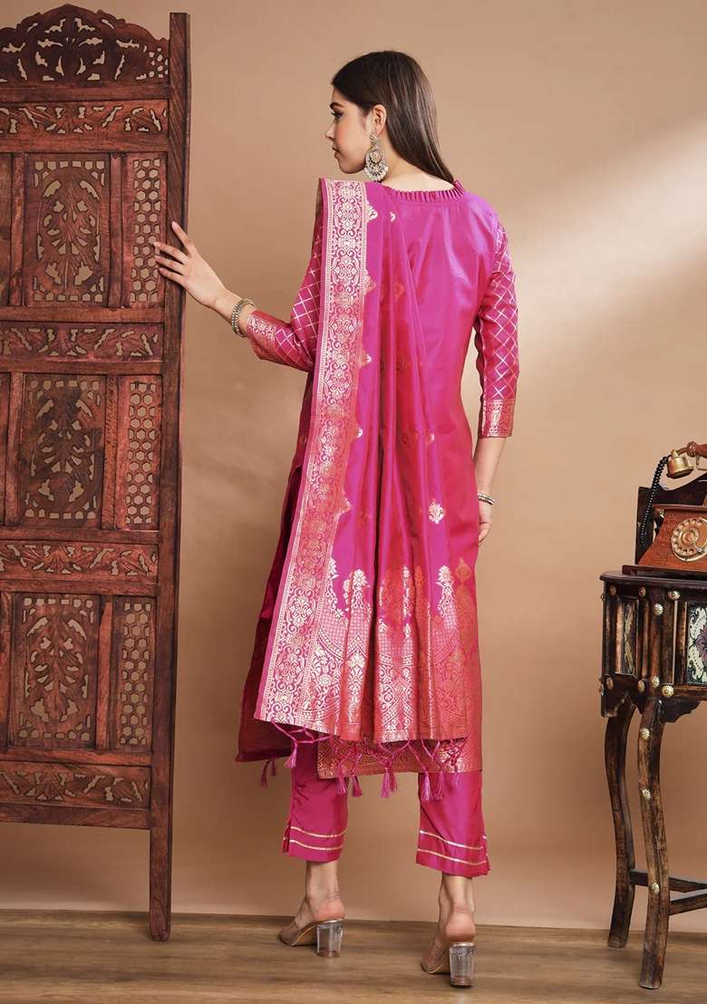 Pink Jacquard Cotton Straight Kurta Set - Indya