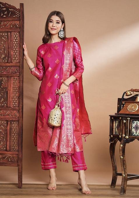 Pink Jacquard Cotton Straight Kurta Set