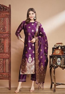 Purple Banarasi Woven Self Designed Pure Cotton Salwar Kameez With Dupatta