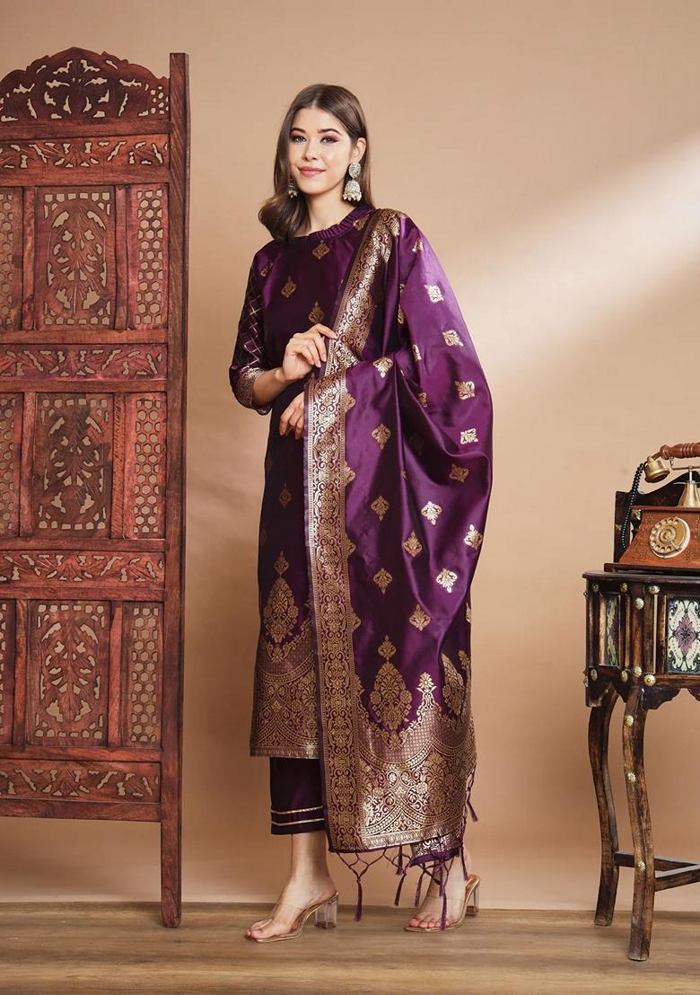 Purple Banarasi Woven Self Designed Pure Cotton Salwar Kameez With Dupatta