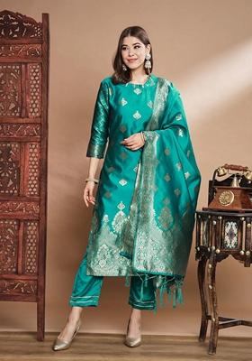 Rama Green Banarasi Woven Self Designed Pure Cotton Salwar Kameez With Dupatta