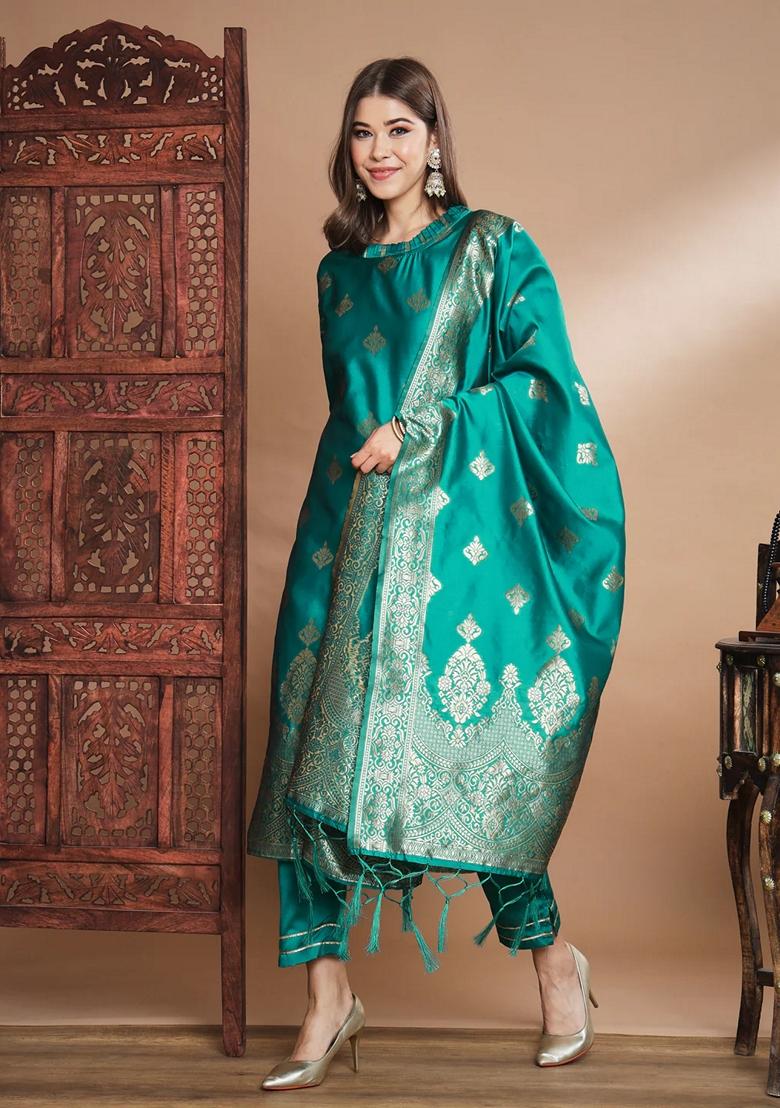 Rama Green Banarasi Woven Self Designed Pure Cotton Salwar Kameez With Dupatta