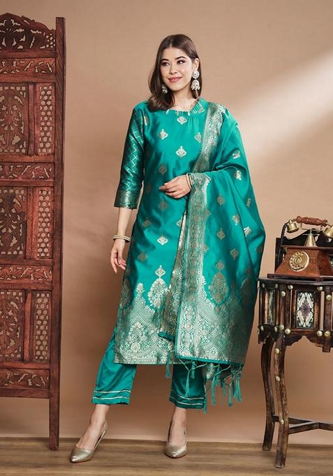 Rama Green Jacquard Cotton Straight Kurta Set