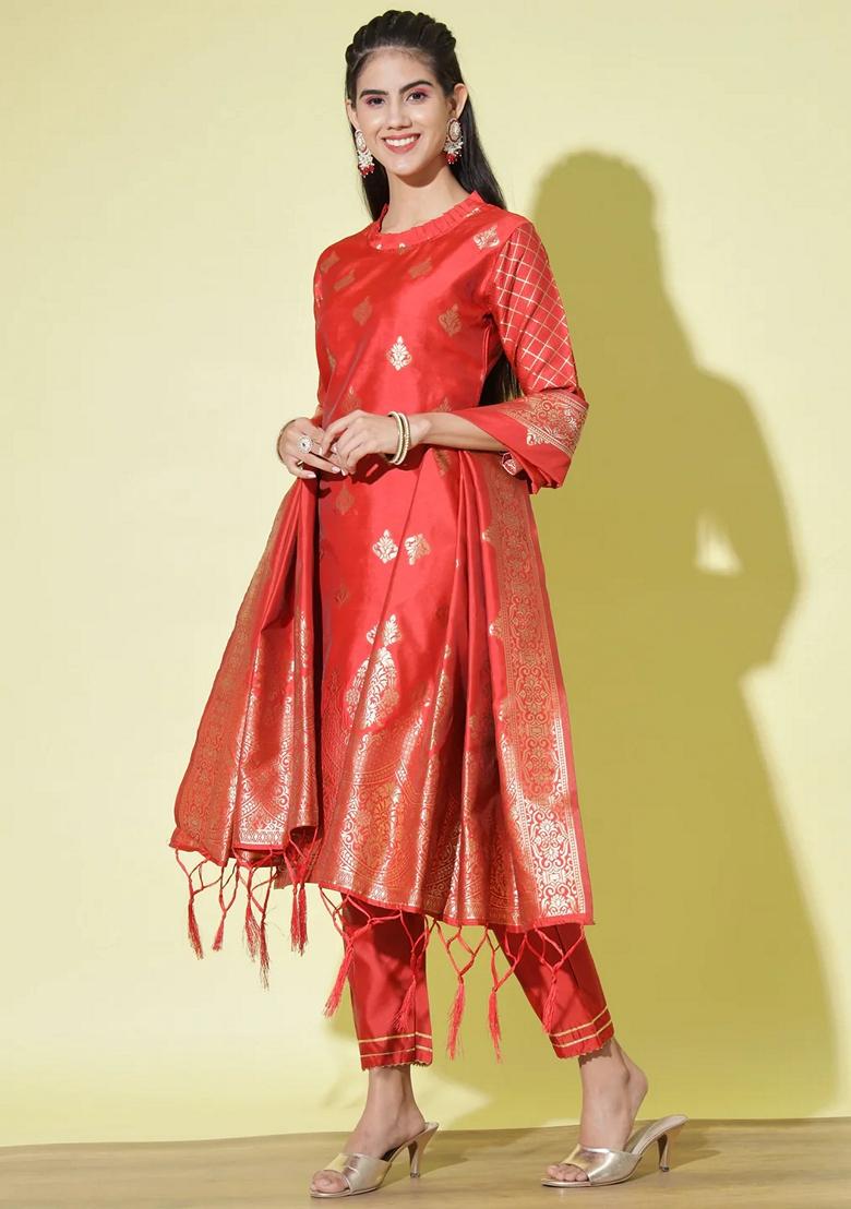 Red Banarasi Woven Self Designed Pure Cotton Salwar Kameez With Dupatta