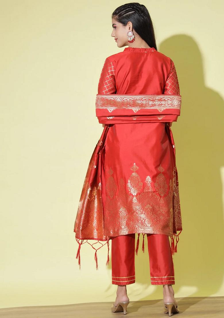 Red Banarasi Woven Self Designed Pure Cotton Salwar Kameez With Dupatta