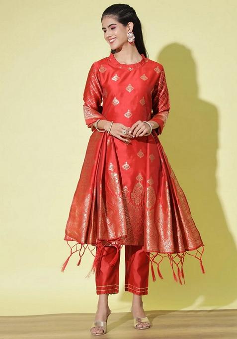 Red Jacquard Cotton Straight Kurta Set
