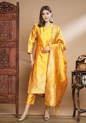 Yellow Banarasi Woven Self Designed Pure Cotton Salwar Kameez With Dupatta