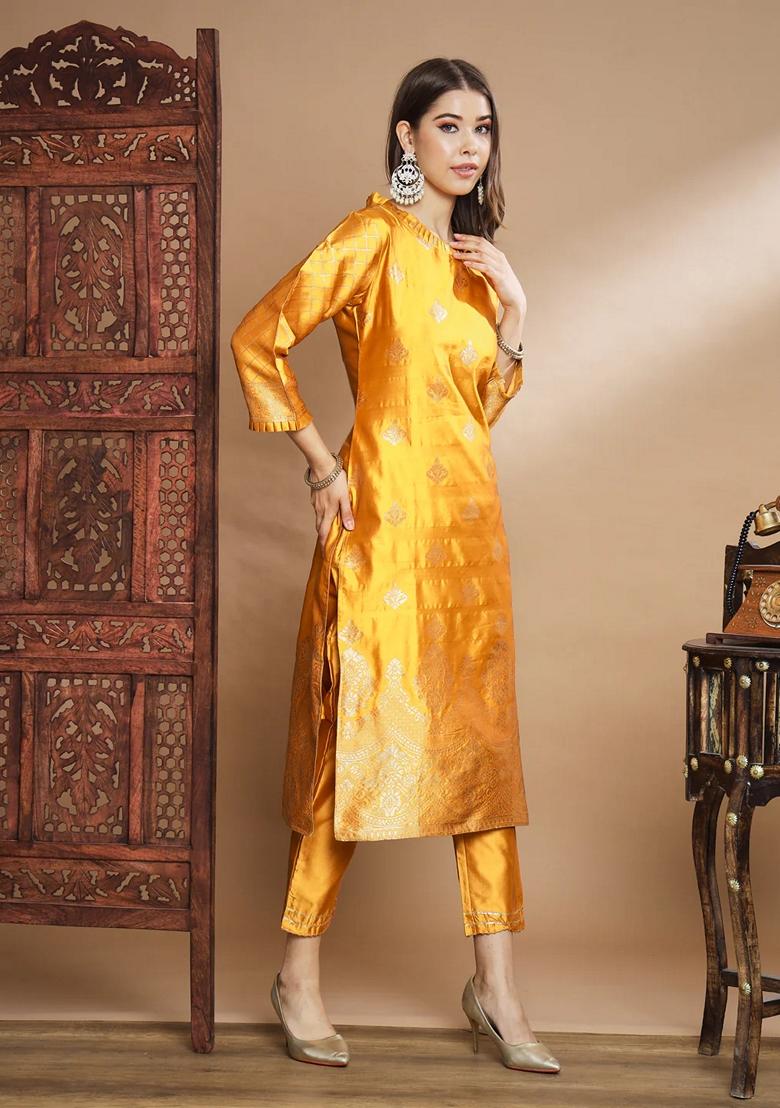 Yellow Banarasi Woven Self Designed Pure Cotton Salwar Kameez With Dupatta