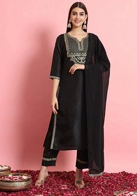 Black Embroidered Pure Cotton Salwar Kameez With Dupatta
