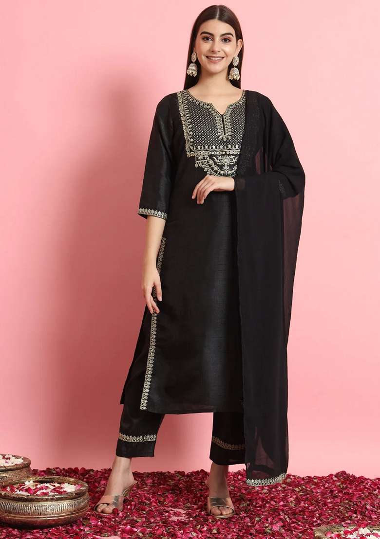 Black Embroidered Cotton Straight Kurta Set - Indya