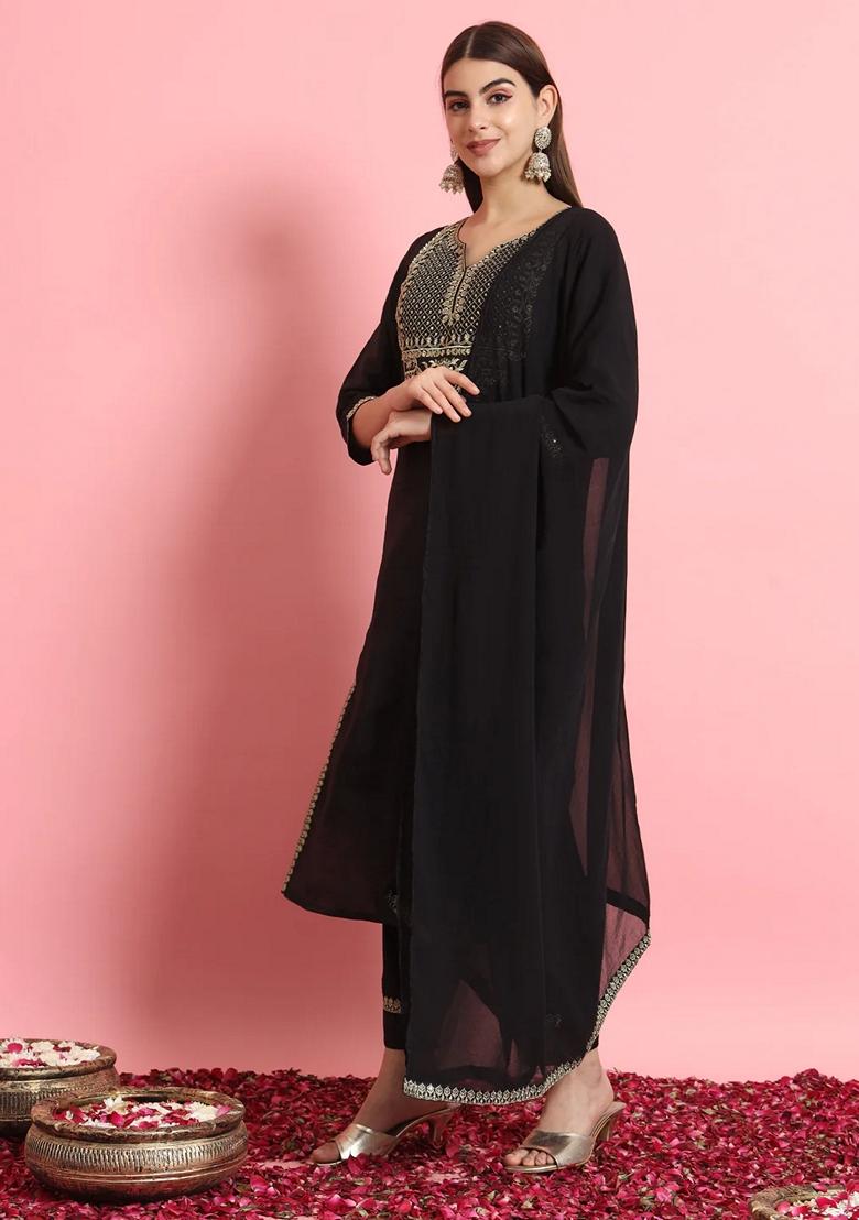 Black Embroidered Pure Cotton Salwar Kameez With Dupatta