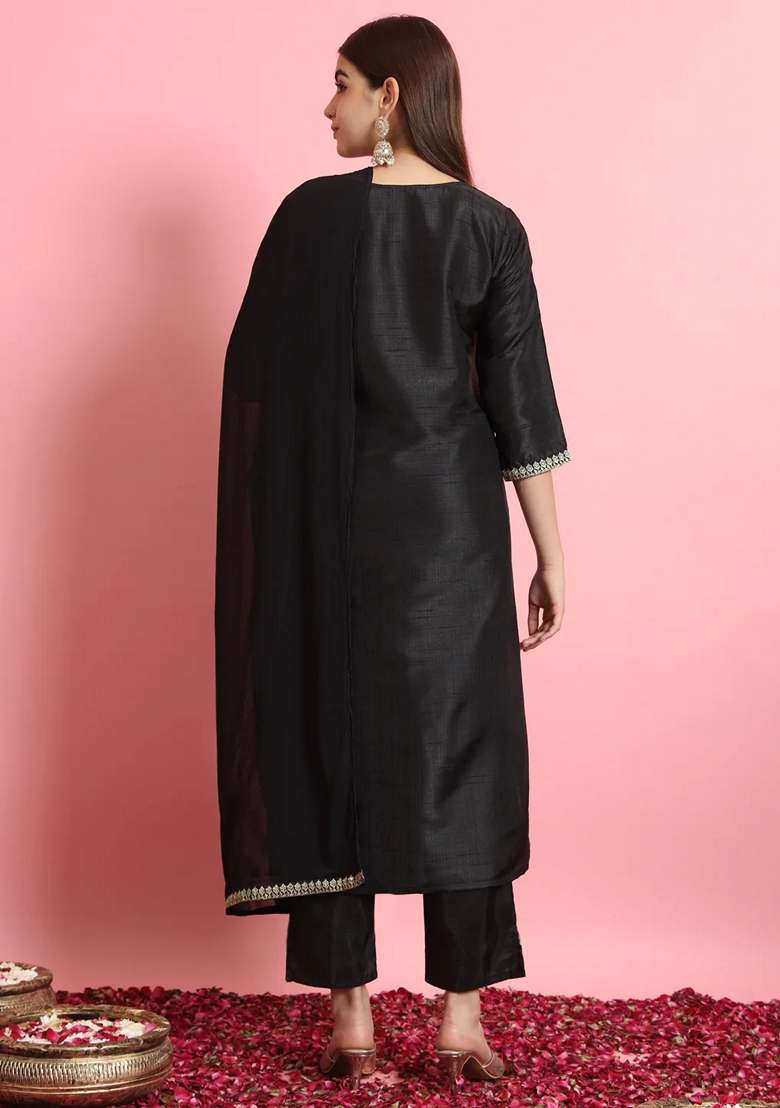 Black Embroidered Cotton Straight Kurta Set - Indya