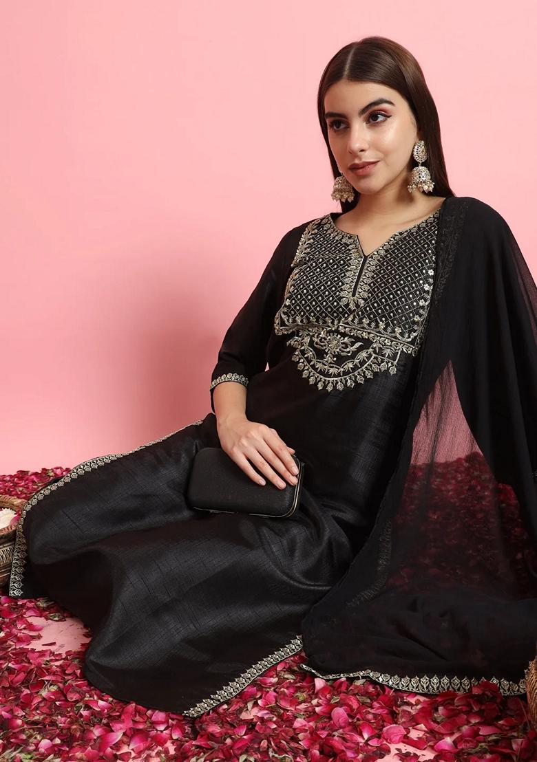 Black Embroidered Pure Cotton Salwar Kameez With Dupatta