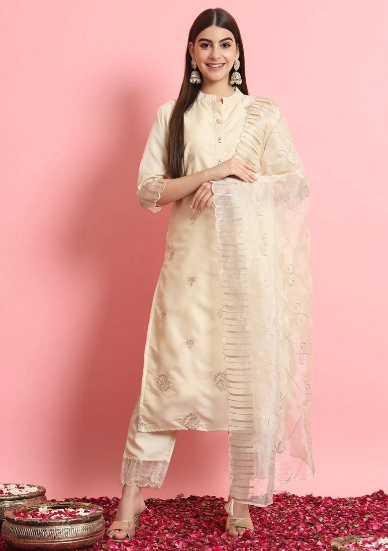 Beige Embroidered Silk Blend Salwar Kameez With Dupatta