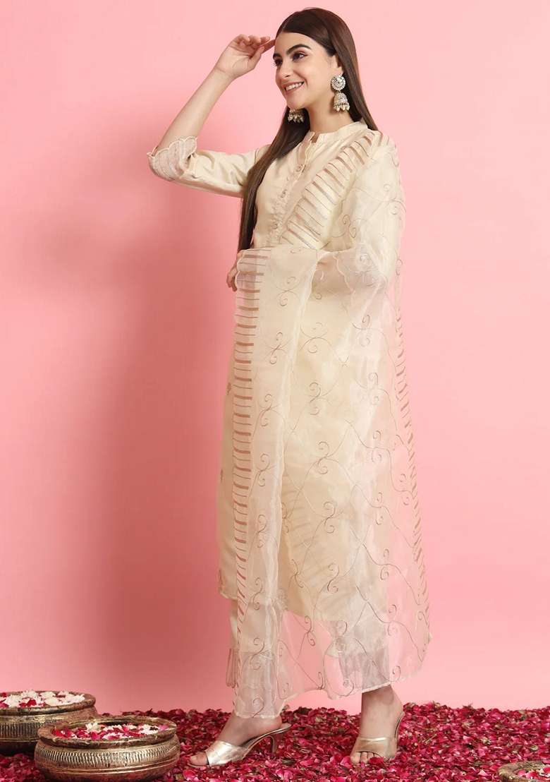 Beige Embroidered Silk Blend Straight Kurta Set - Indya