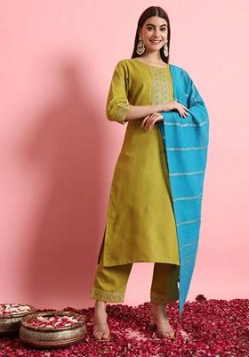 Green Embroidered Pure Cotton Salwar Kameez With Dupatta