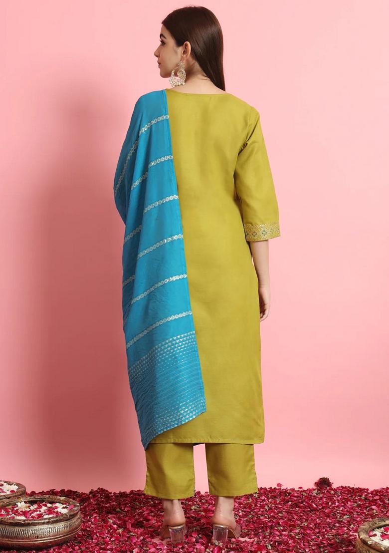 Green Embroidered Pure Cotton Salwar Kameez With Dupatta