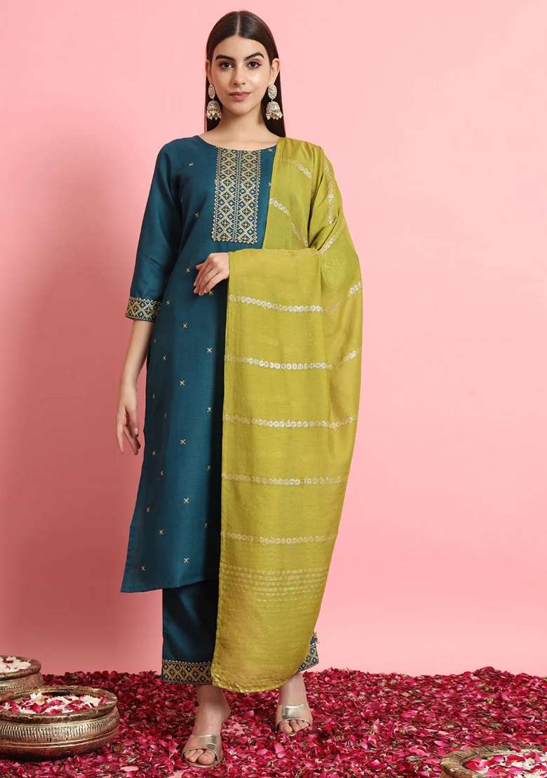 Teal Blue Embroidered Pure Cotton Salwar Kameez With Dupatta - Indya