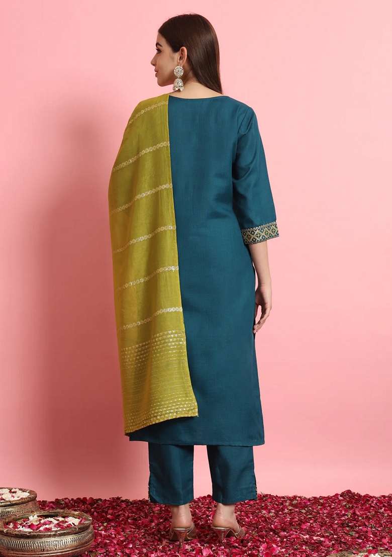 Teal Blue Embroidered Pure Cotton Salwar Kameez With Dupatta - Indya