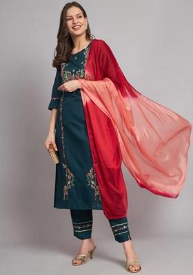 Teal Blue Embroidered Pure Cotton Salwar Kameez With Dupatta