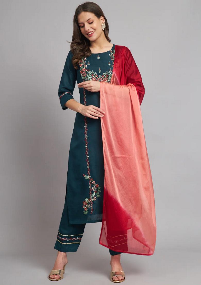 Teal Blue Embroidered Pure Cotton Salwar Kameez With Dupatta