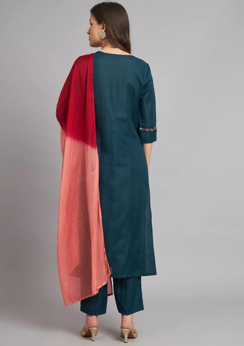 Teal Blue Embroidered Pure Cotton Salwar Kameez With Dupatta