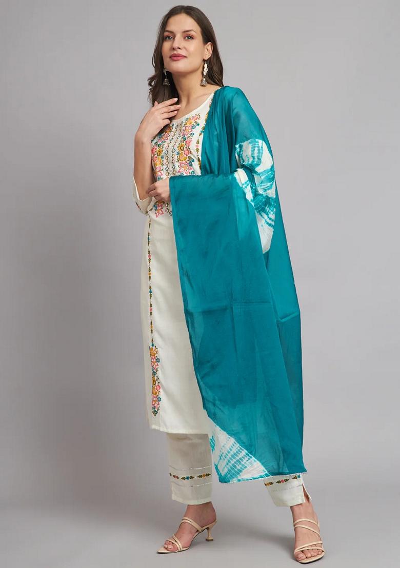 White Embroidered Pure Cotton Salwar Kameez With Dupatta