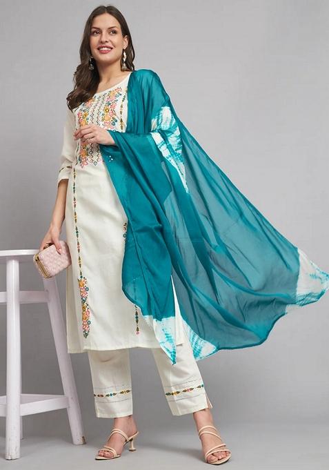 White Embroidered Pure Cotton Salwar Kameez With Dupatta