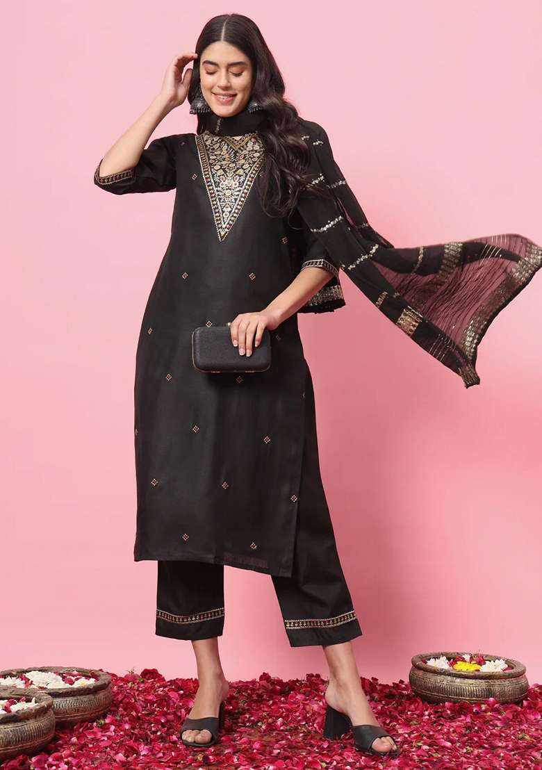 Black Embroidered Cotton Straight Kurta Set - Indya