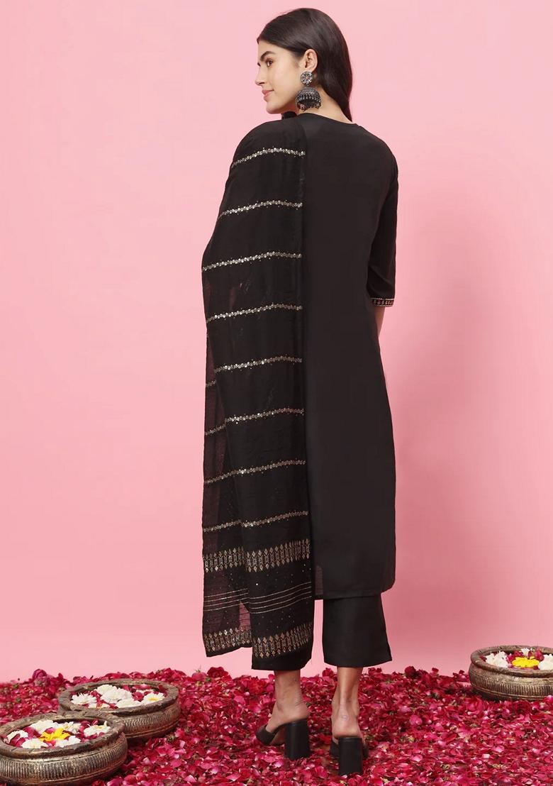 Black Embroidered Pure Cotton Salwar Kameez With Dupatta