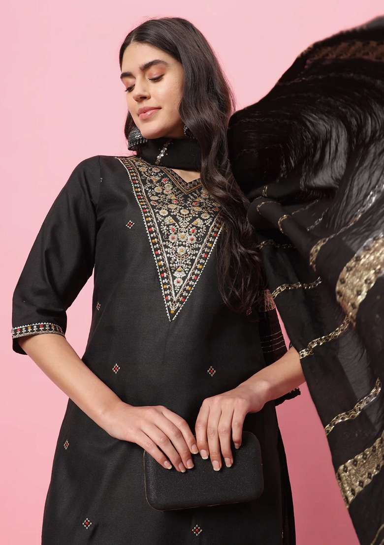 Black Embroidered Cotton Straight Kurta Set - Indya