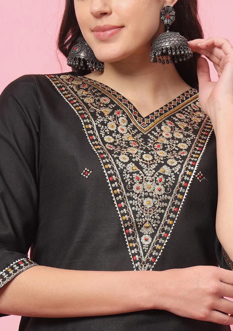 Black Embroidered Pure Cotton Salwar Kameez With Dupatta