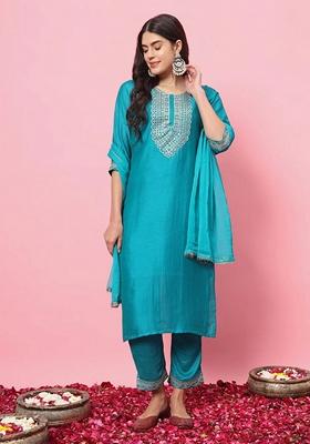 Rama Green Embroidered Silk Blend Salwar Kameez With Dupatta