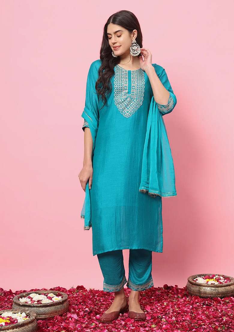 Rama Green Embroidered Silk Blend Straight Kurta Set - Indya