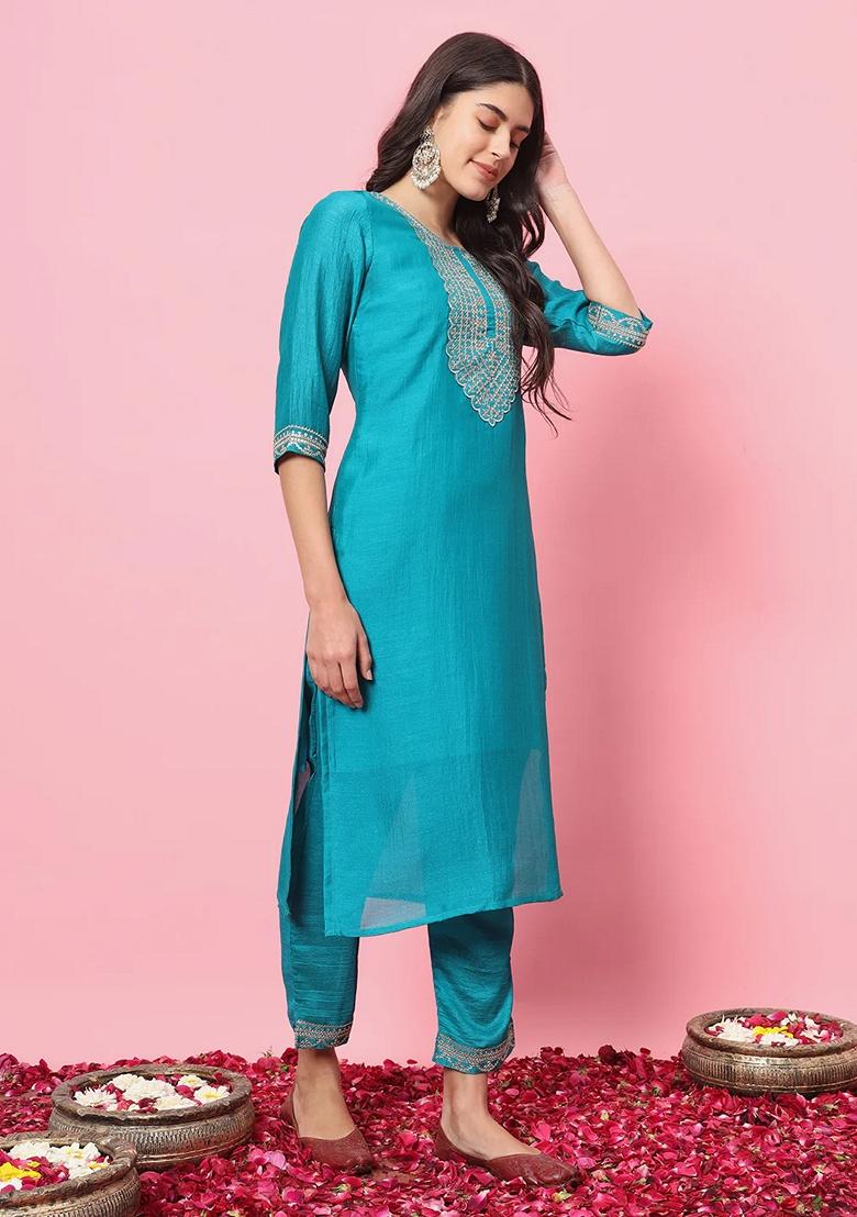 Rama Green Embroidered Silk Blend Salwar Kameez With Dupatta