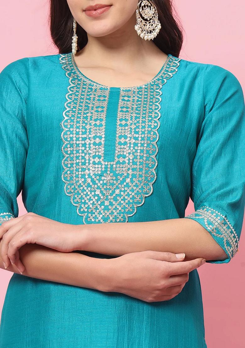 Rama Green Embroidered Silk Blend Salwar Kameez With Dupatta