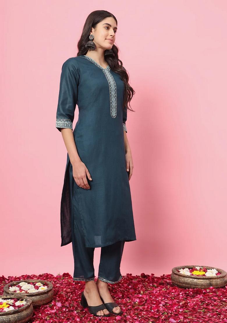 Teal Blue Embroidered Pure Cotton Salwar Kameez With Dupatta
