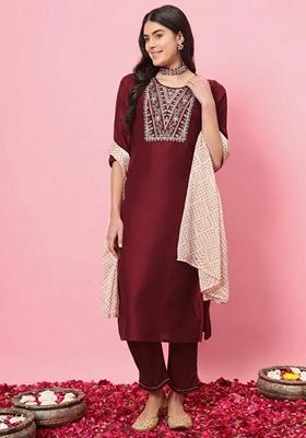 Maroon Embroidered Silk Blend Salwar Kameez With Dupatta
